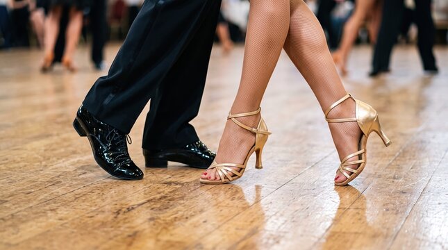 Close-up of ballroom dancers legs and feet wearing professional shoes on wooden dance floor with ballroom, performance