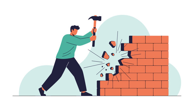 Determined builder man swinging a hammer to demolish and break down a brick wall representing overcoming career barriers.