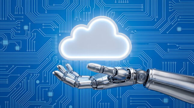 Robotic hand holding a glowing cloud icon, cloud computing, artificial intelligence, digital innovation, future technology.