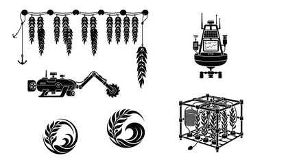 Kelp Farming Vector Set with Longline Rope Underwater Harvester Monitoring Buoy Nursery Cage and Ocean Logos © MstAnjuAra