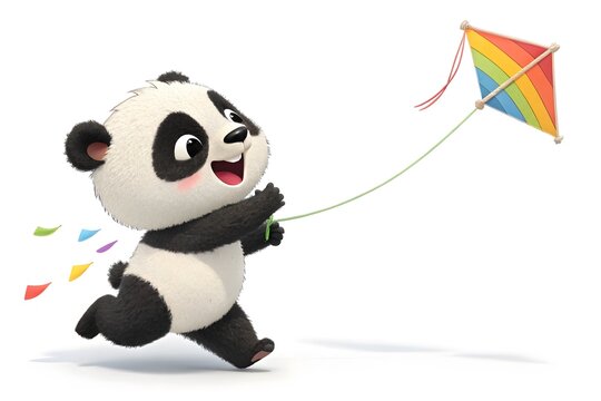 Cartoon panda happily flying colorful kite outdoors