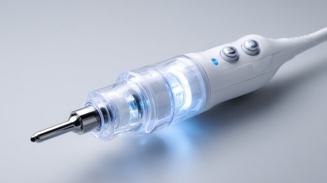 Close-up of a modern medical cosmetic device featuring an illuminated tip and control buttons