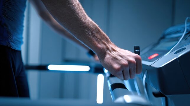 Close-up of a man running on a treadmill holding handlebars during an intense fitness workout session