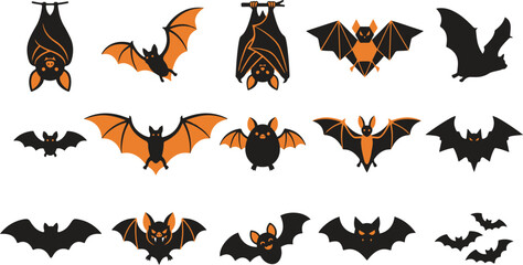 Fototapeta premium Collection of various black and orange bat illustrations for halloween decorations and spooky graphic design projects