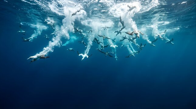 Northern gannet birds diving underwater into blue ocean to hunt for fish