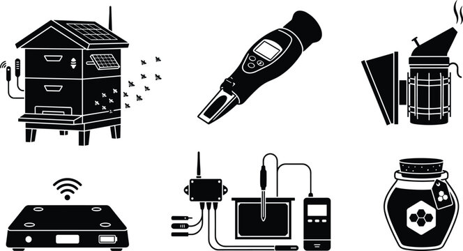 Smart Beekeeping Vector Set with Solar Beehive Digital Refractometer Bee Smoker Hive Scale Telemetry System and Honey Jar