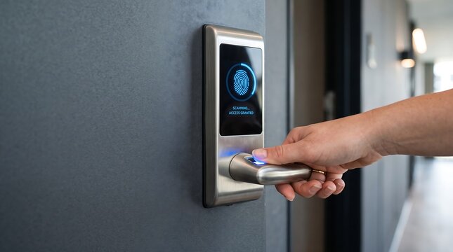 Modern smart lock with biometric facial recognition system being opened by hand on a dark door