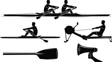 Rowing Sport Equipment and Athletes Vector Silhouette Set – Two-Person Rowing Boat, Single Rower, Ergometer Rowing Machine, Oar, and Megaphone Isolated on White Background © MstAnjuAra