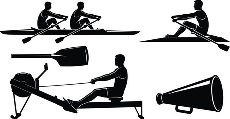 Rowing Sport Equipment and Athletes Vector Silhouette Set – Two-Person Rowing Boat, Single Rower, Ergometer Rowing Machine, Oar Blade, and Megaphone Isolated on White Background © MstAnjuAra