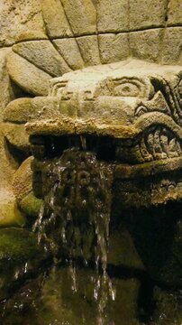 A functional fountain with water flowing from the mouth of a serpent.