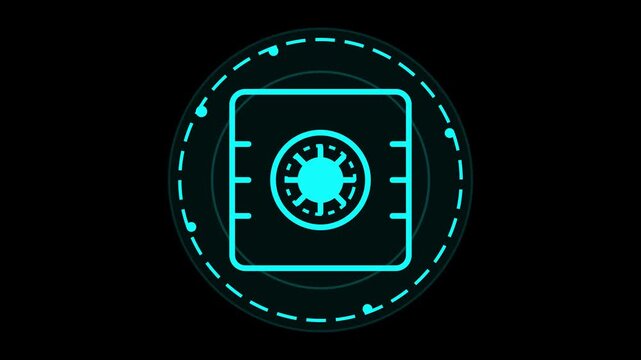 Glowing neon cyber security safe icon vault loop animation with futuristic digital interface HUD elements for technological protection sequences