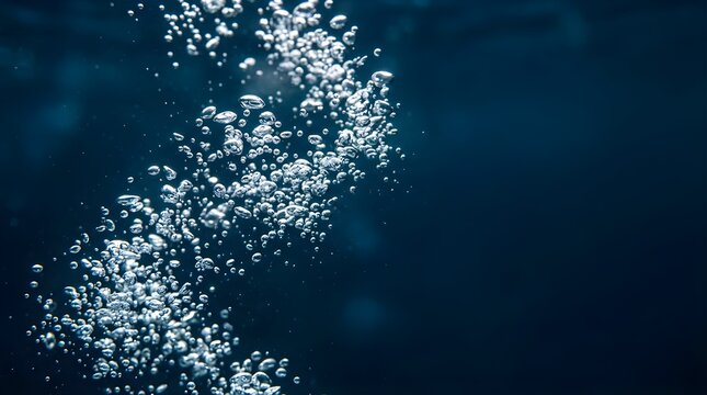 Rising air bubbles in deep blue ocean water with dark background