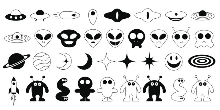 Space and alien themed icon set with ufo and characters