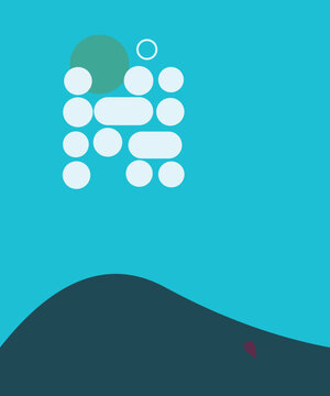 Abstract geometric composition with circles and rounded rectangles in a minimal flat style against a soft blue background, abstract
