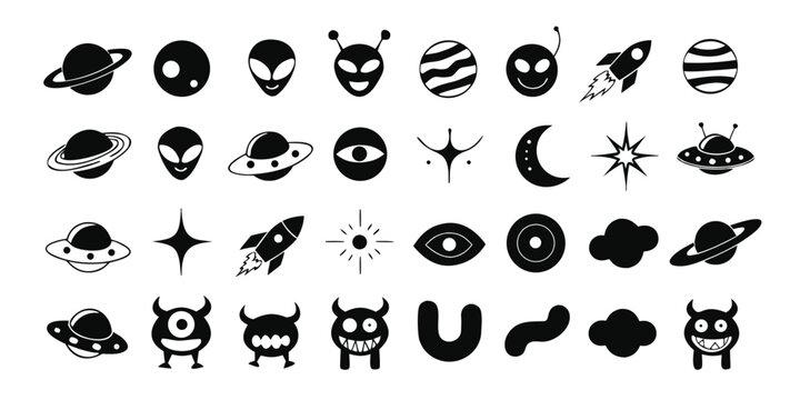 Solid black silhouette space icons set with alien monsters rockets and celestial elements
