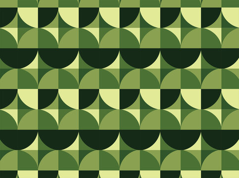 A seamless retro geometric pattern featuring bold circles, semicircles, and quarter-circle shapes arranged in a clean repeating grid. The design uses layered shades of olive, sage, forest.