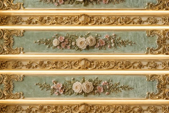 3D wallpaper sticker design for wall decor. Floral ornament with roses and gilded baroque framework decorative wall paneling design gold rococo