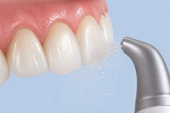 Dental air polishing device cleaning plaque from front teeth