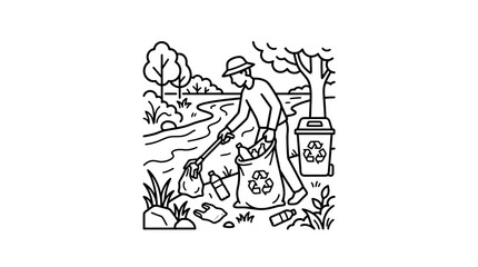 Fototapeta premium Modern Black and White Line of Person Collecting Recyclables in a Park Setting with high quality professional line art symbols for modern creative design and digital branding projects