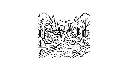 Fototapeta premium Professional Minimalist Black and White Line Drawing of Scenic Forest Trail with Trees Path and Nature Elements