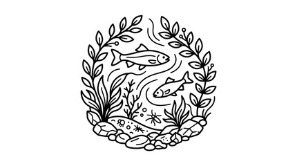 Obraz premium Dynamic Black and White Aquatic Life Featuring Fish Plants Rocks and Bubbles in a Circular Frame
