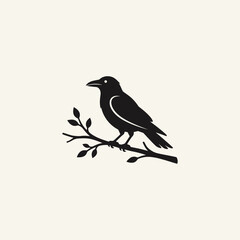 Fototapeta premium A mysterious and elegant silhouette illustration of a crow or raven perched on a natural tree branch, embodying wisdom and the spirit of the wild