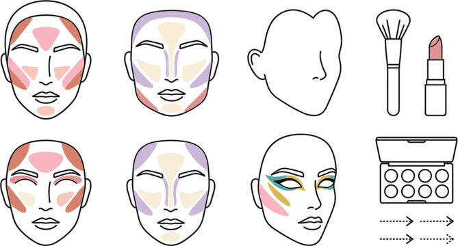 Makeup contouring and highlighting tutorial vector set with face charts cosmetics brush lipstick palette and application steps guide