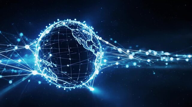 Futuristic glowing wireframe globe rotating in dark space with electric particles rotation