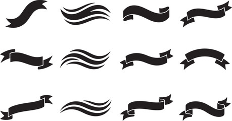 Obraz premium Set of twelve black silhouette ribbons and decorative wave banners isolated on a white background, for labels, tags, and page decorations