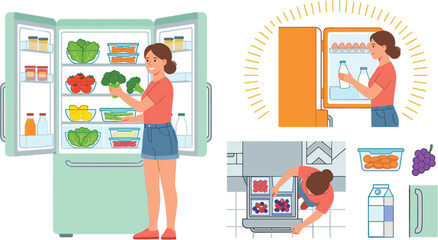 Woman organizing food in refrigerator vector illustration set with open fridge freezer meal prep containers and grocery items