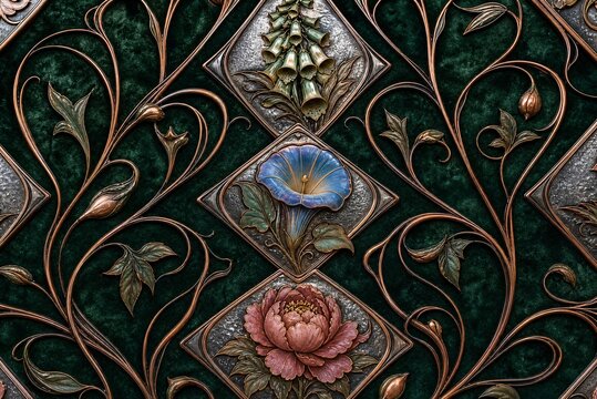 3D wallpaper sticker design for wall decor. Floral ornament with bellflowers and peony detailed 3D relief on green velvet pattern flower