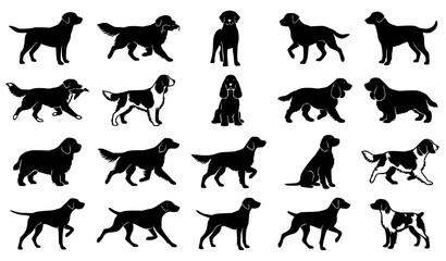 Obraz premium Retriever and Sporting Dog Silhouette Vector Set Labrador Setter Spaniel Collection on White Background