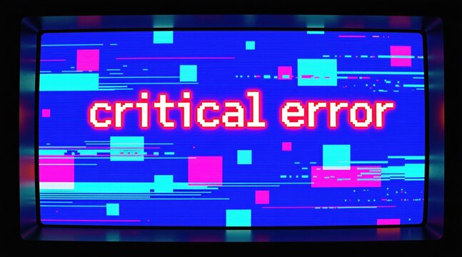 Computer screen displays critical error message with digital glitch effect. Pixelated text on blue background with pink and cyan lines and squares. Glitching display shows system malfunction.