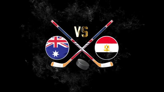 Australia vs Egypt hockey match concept with crossed hockey sticks, puck, and national flags on a dark background