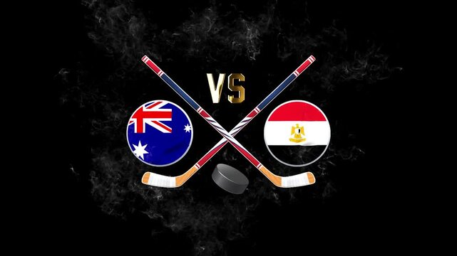 Australia vs Egypt hockey match concept with crossed hockey sticks, puck, and national flags on a dark background