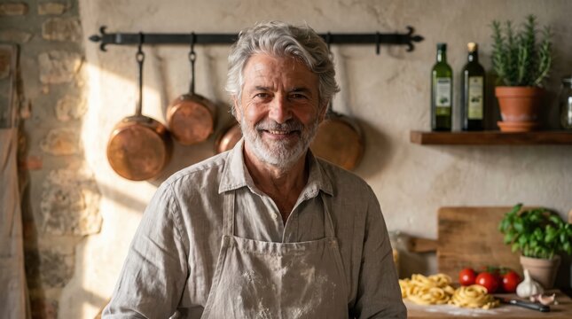 Portrait of a smiling senior italian chef in a rustic kitchen, wearing an apron with flour, surrounded by cooking ingredients