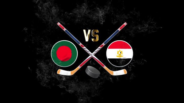 Bangladesh vs Egypt hockey match concept with crossed hockey sticks, puck, and national flags on a dark background