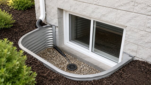 A clean metal window well installed around a basement window on the exterior of a residential home
