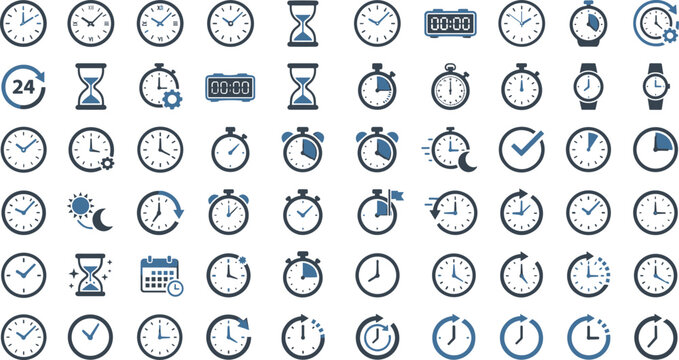 Complete Time and Clock Icon Set with Analog Dials, Digital Displays, Hourglasses, Alarm Clocks, and Stopwatches for Corporate Project Scheduling, Productivity Apps, and Business Websites