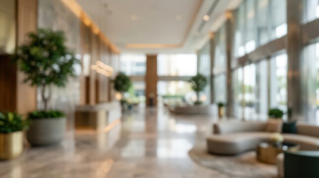 Blurred luxury hotel lobby interior modern office building reception lounge area abstract background bokeh architecture design