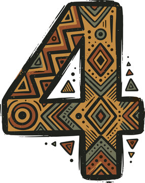 Decorative Number Four Vector Graphic Featuring Ethnic Tribal Patterns and Geometric African Boho Details for Folk Art Crafting and Creative Decorative Typography Designs