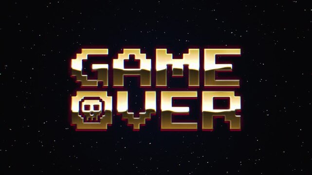 Golden retro chrome pixel "Game Over" text glows with a retro glitch effect against a starry black backdrop, ideal for gaming intros and outros. Not Ai