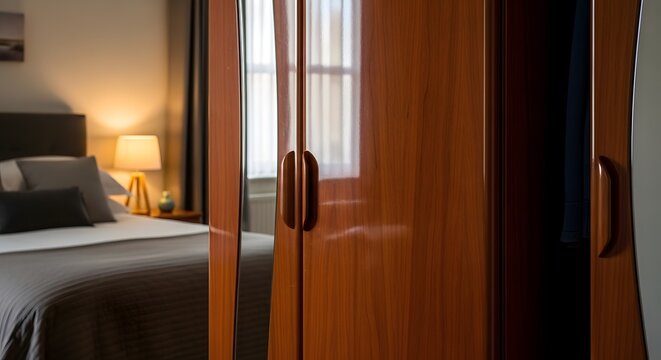 Wooden wardrobe in a cozy bedroom with a neatly made bed and soft lighting from a bedside lamp