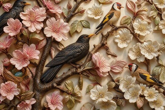 Cherry blossoms and songbirds on branches a detailed three dimensional floral arrangement birds branch