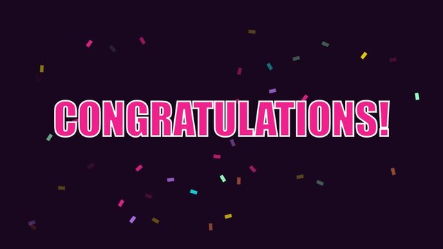 Congratulations text animation with colorful falling confetti on dark 4k background, for celebration, success, and achievement projects
