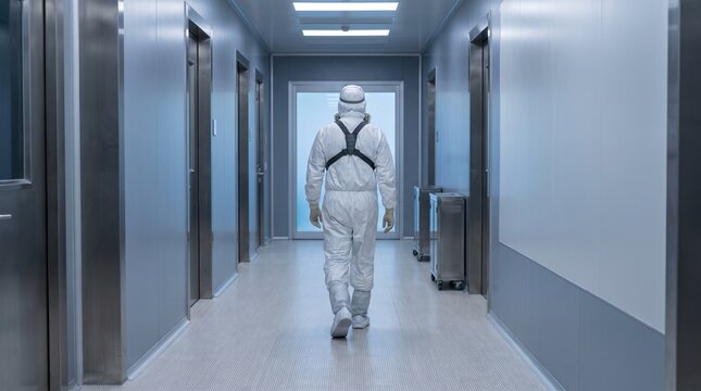 Technician walks through finished semiconductor cleanroom corridor