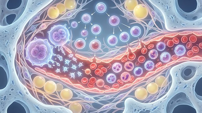 Microscopic illustration of stem cell differentiation and blood flow