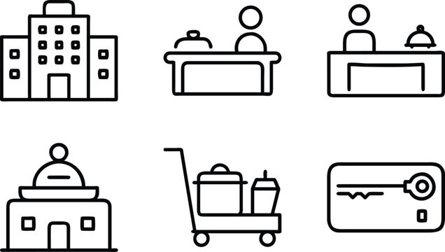 Hotel service icons set, hotel building, reception desk, apartment, food cart and room key symbols, modern hostel services.