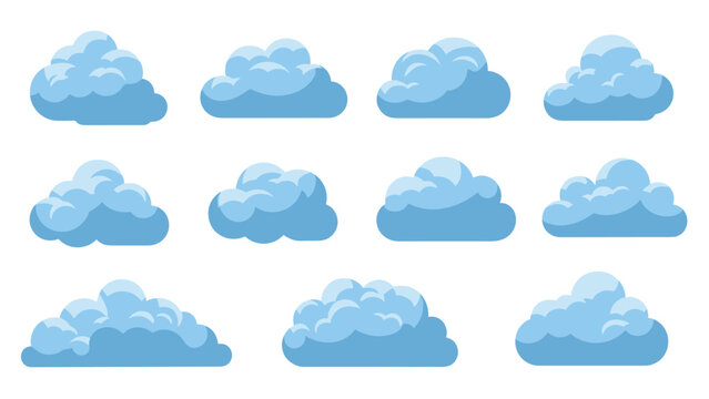 Set of cartoon blue clouds showing various soft fluffy shapes and weather styles on a clean white background.