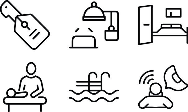 Hotel service icons set, shower room amenities, massage, swimming pool, housekeeping and wifi symbols, modern hostel services.